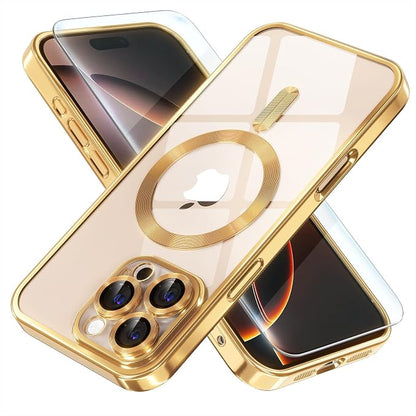 Misea Magnetic for iPhone 16 Pro Case Compatible with MagSafe [Never Yellowing] [Military Grade Drop Protection] Full Camera Lens Protector Plating Soft Clear Phone Case for Women 6.3", Gold