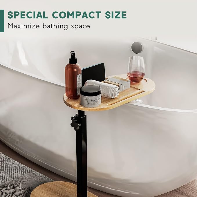 Yumkfoi Bamboo Bathtub Tray Table with Adjustable Height, Freestanding Bath Caddy Tray for Tub Against Wall, Bathtub Side Table for Luxury Bath Home Spa Homewarming - Patent Protected (Natural)