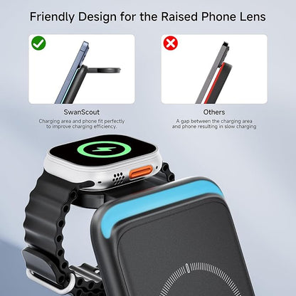 Charging Station for iPhone 17/Air, SwanScout 703A, Wireless Charger for iPhone 16/15/14/13/12/11 Series, for Apple Watch 11/10/Ultra 3/9/8/7/6/5/SE 2, for Airpods Pro 3/2, Foldable and Portable