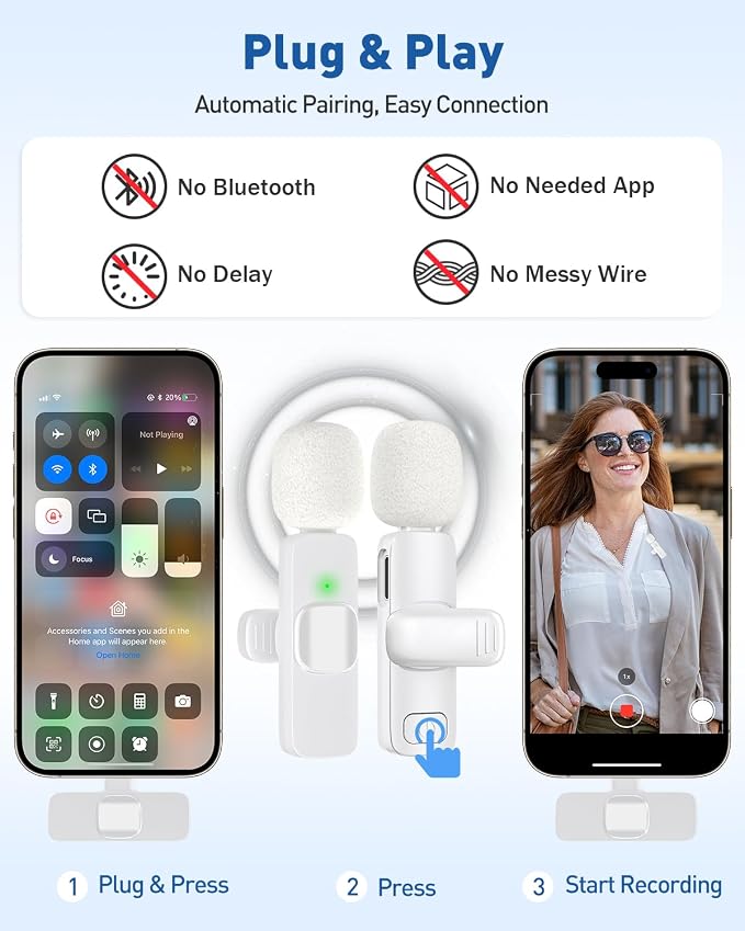 PoP voice USB C Mini Microphone for iPhone 16/15/14/Android, Wireless Lavalier Microphone with Noise Reduction, Lapel Lav Mic for Vlog YouTube TikTok Recording, 12H, 65ft (White)