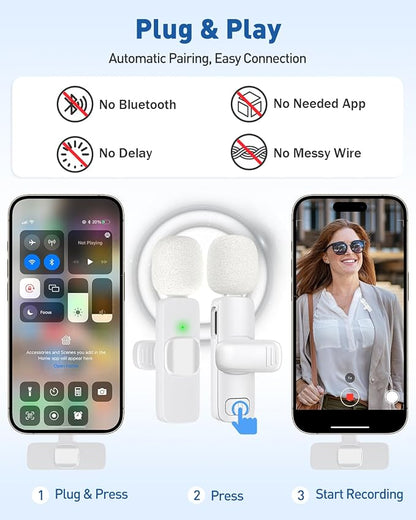PoP voice USB C Mini Microphone for iPhone 16/15/14/Android, Wireless Lavalier Microphone with Noise Reduction, Lapel Lav Mic for Vlog YouTube TikTok Recording, 12H, 65ft (White)