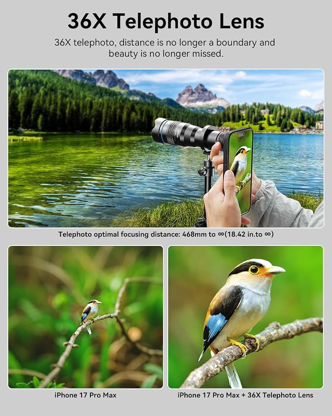 Evil eye 36X Telephoto Lens for iPhone 17 Pro, High Power HD Telephoto Phone Lens with Tripod, Phone Lens Attachments for Travel, Concert, Exploration