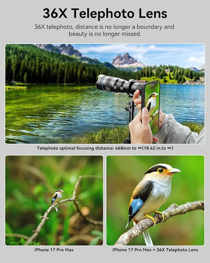 Evil eye 36X Telephoto Lens for iPhone 17 Pro, High Power HD Telephoto Phone Lens with Tripod, Phone Lens Attachments for Travel, Concert, Exploration