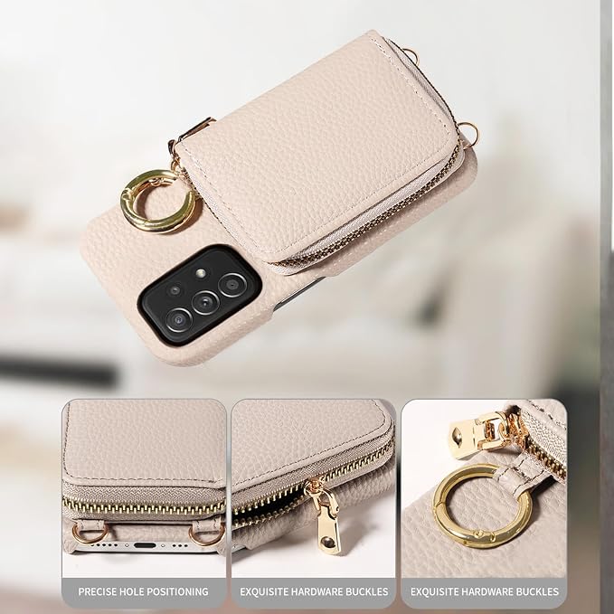 Wallet Case for Samsung Galaxy A52/A52S 5G with Shoulder Strap Ring Buckle, PU Leather Zipper Organ Purse, Credit Card Holder Stand Cell Phone Cover for A 52 S 4G G5 52A S52 52S Women Men White