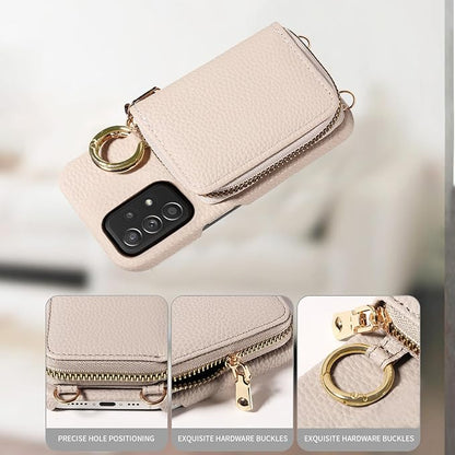 Wallet Case for Samsung Galaxy A52/A52S 5G with Shoulder Strap Ring Buckle, PU Leather Zipper Organ Purse, Credit Card Holder Stand Cell Phone Cover for A 52 S 4G G5 52A S52 52S Women Men White