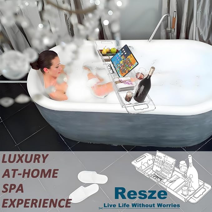 Resze Premium Clear Bathtub Caddy Tray, Expandable Plastic Bath Tray with BPA-Free, Waterproof Foldable Bathtub Shelf, Perfect for a New Home & Mother’s Day & a Birthday Gift for Mom