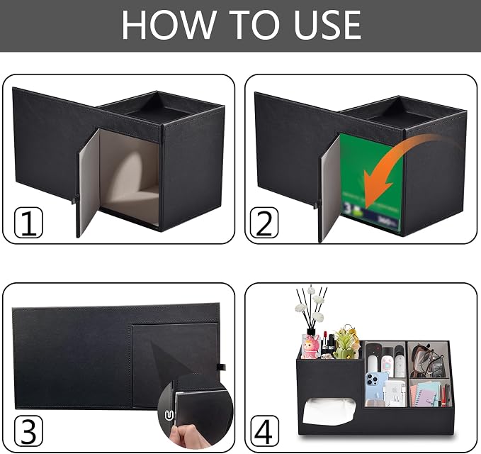 Plus Size Tissue Box Cover-Square Tissue Cover with Side Storage and Tray,Modern Makeup Organizer,PU Leather Tissue Holder Decorative Cube Organizer for Living Room Vanity NightStand Office,Black