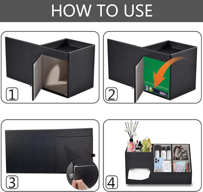 Plus Size Tissue Box Cover-Square Tissue Cover with Side Storage and Tray,Modern Makeup Organizer,PU Leather Tissue Holder Decorative Cube Organizer for Living Room Vanity NightStand Office,Black