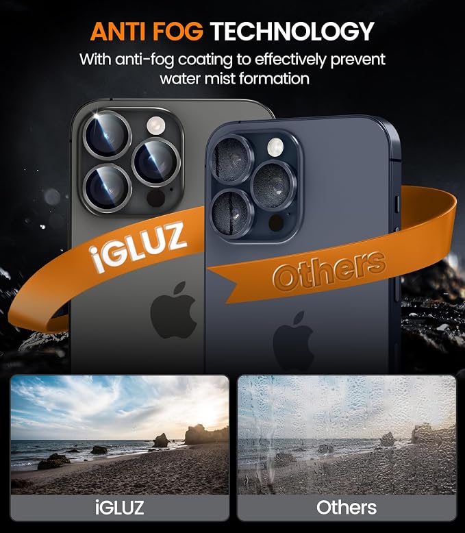 iGluz 2 Pack Anti-Reflection Camera Lens Protector for iPhone 15 Pro/15 Pro Max - Anti-Fog Ultra Thin Tempered Glass, 1-Step Installation Tray, Strong Adsorption, 9H Shatterproof & Scratch Resistant, Black Titanium
