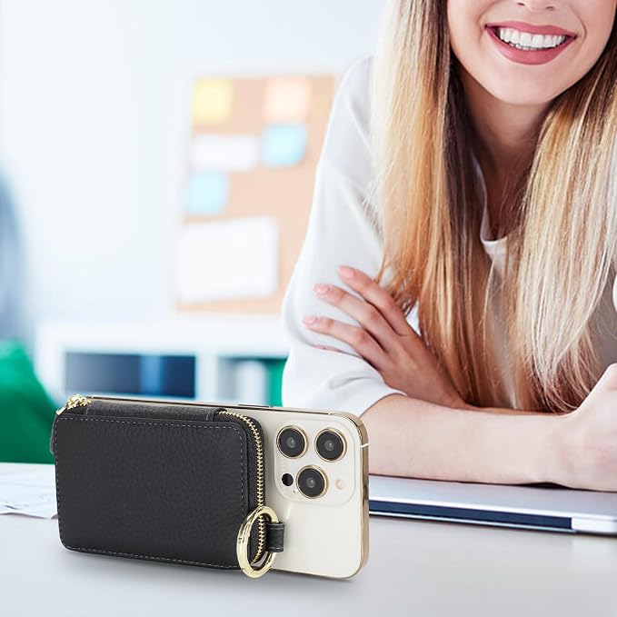 Cavor Compatible with MagSafe Wallet Genuine Leather Cash Wallets for Women, Magnetic Phone Wallet for iPhone 17 Pro Max/16/15/14/13/12, id Credit Card Holder with Mag safe Keychain-Black
