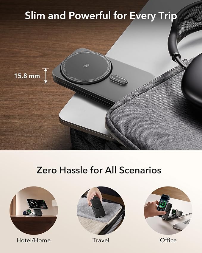 ESR 3 in 1 Charging Station for Apple, Qi2.2 25W MagSafe Charger with CryoBoost, Phone-Cooling Wireless Charging Station Foldable, for iPhone 17/16 with iOS 26(50W Adapter), AirPods, Apple Watch,Black