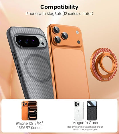 Nillkin MagSafe Phone Grip Ring Holder for Dual-Sided Magnet, Removable Magnetic Phone Ring Holder for iPhone 17/16/Pixel Snap Grip, Carbon Fiber, MagSafe Ring Stand, Accessories for iPhone, Orange ﻿