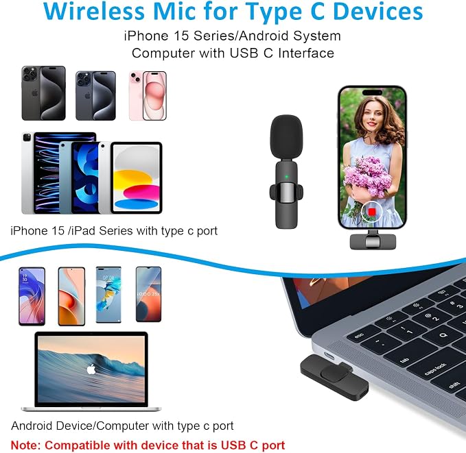 MAYBESTA Wireless Lavalier Lapel Microphone for iPhone Android - Bluetooth Mini Phone Microphones for Video Recording - 2 Clip on Mics with USB C Interface for Tiktok YouTube Vlog(USB-C Only)