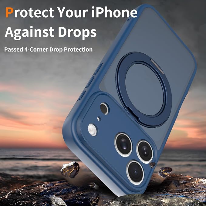 Magnetic iPhone Case [Compatible with MagSafe], Shockproof Translucent Matte Phone Case for iPhone 17 Pro, Anti-Fingerprint, Oil Resistant(with 360° Rotatable Ring Holder Stand) (Blue, iPhone 17 Pro)