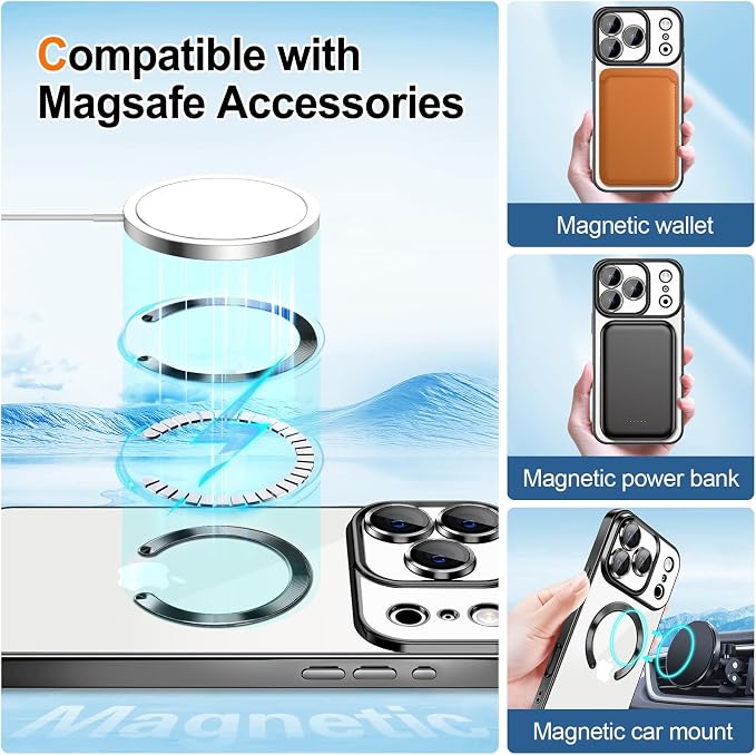 Hython for iPhone 17 Pro Max Case Glitter Clear Magnetic Phone Cases [Compatible with MagSafe] Full Camera Lens Protector Sparkle Luxury Plating Slim Shockproof Protective Cover Women, Gradient Black