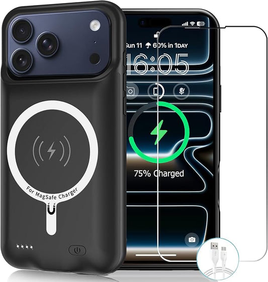 Wireless Charging Case for iPhone 17 Pro,10000mAh High Capacity Portable Rechargeable Extended Battery Case Qi Wireless Charging with iPhone 17 Pro (6.3 inch) Extended Battery Charger Case (Black)