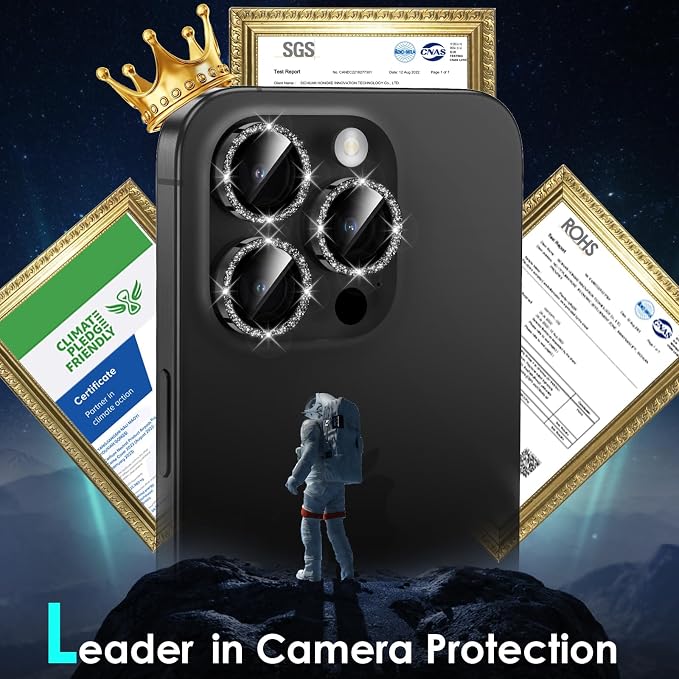 YWXTW Designed for iPhone 15 Pro/iPhone 15 Pro Max Camera Lens Protector Bling, [New Glitter Design] Individual Metal Tempered Glass Camera Cover Accessories Case Friendly (Black Titanium Glitter)