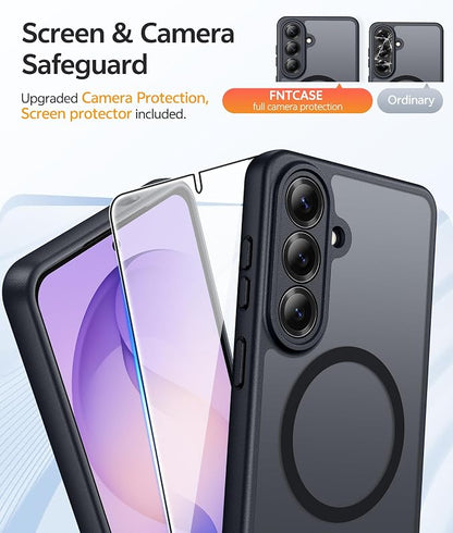 FNTCASE for Samsung Galaxy S26+ Plus Case: [Fit for Magsafe] [Full Camera Protection + Screen Protector] Translucent Matte Military Grade - Shockproof Protective Phone Cover for S26 Plus - Black