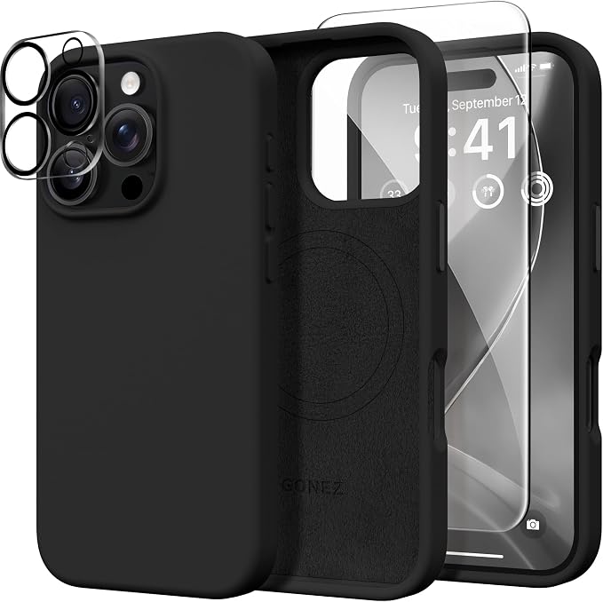 GONEZ Magnetic for iPhone 16 Pro Case, Compatible with MagSafe, [Screen Protector + Camera Lens Protector], Silicone Shockproof Anti-Scratch Protective Phone Case 6.3 inch, Black