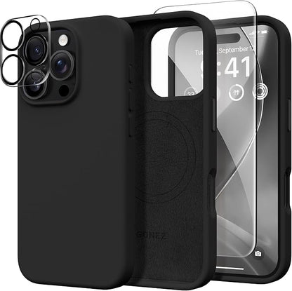GONEZ Magnetic for iPhone 16 Pro Case, Compatible with MagSafe, [Screen Protector + Camera Lens Protector], Silicone Shockproof Anti-Scratch Protective Phone Case 6.3 inch, Black