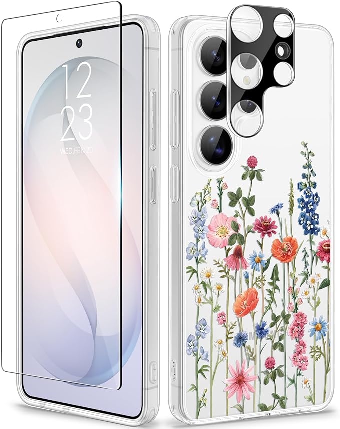 GVIEWIN for Samsung Galaxy S26 Ultra Case, Clear Floral Slim Shockproof Protective Women Phone Case, Non-Yellowing, with Screen Protector&Camera Lens Protector for S26 Ultra 6.9", Wild Petals/Colorful