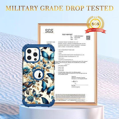 Hocase for iPhone 15 Pro Max Case, Heavy Duty Shockproof Protection Soft Silicone Rubber Bumper+Hard Plastic Hybrid Protective Case for iPhone 15 Pro Max 6.7" 2023 - Blue Butterflies