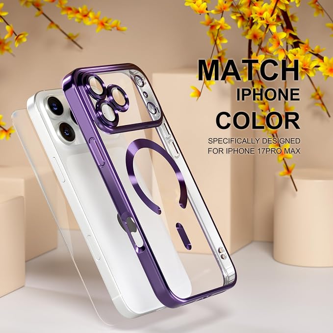 Misea Magnetic for iPhone 17 Pro Max Case Compatible with MagSafe [Never Yellowing] [Military Grade Drop Protection] Full Camera Lens Protector Plating Soft Clear Phone Case for Women, Deep Purple