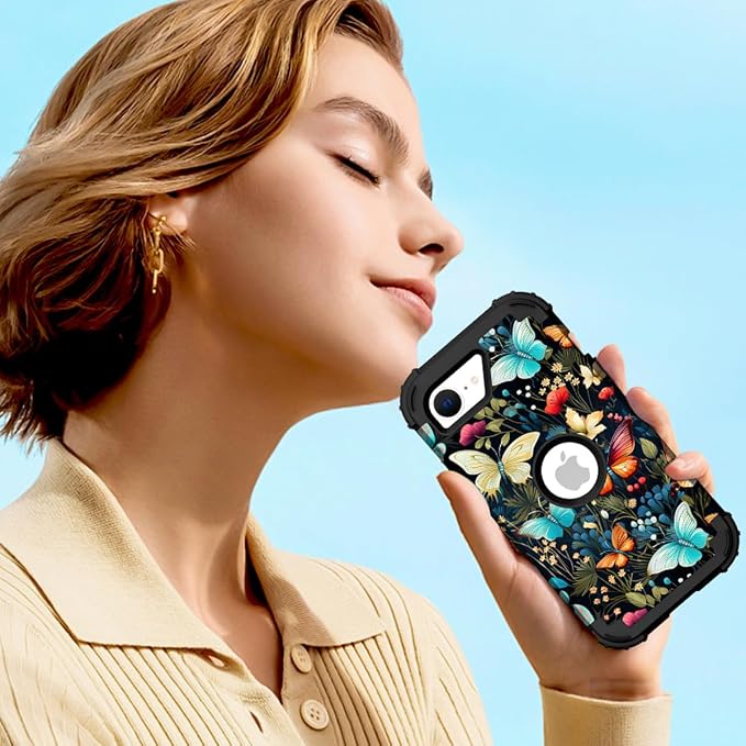 Hocase for iPhone 17e/iPhone 16e Case, Heavy Duty Shockproof Protection Hard Plastic+Silicone Rubber Hybrid Protective Phone Case for iPhone 17e/16e 6.1" - Butterflies in Garden