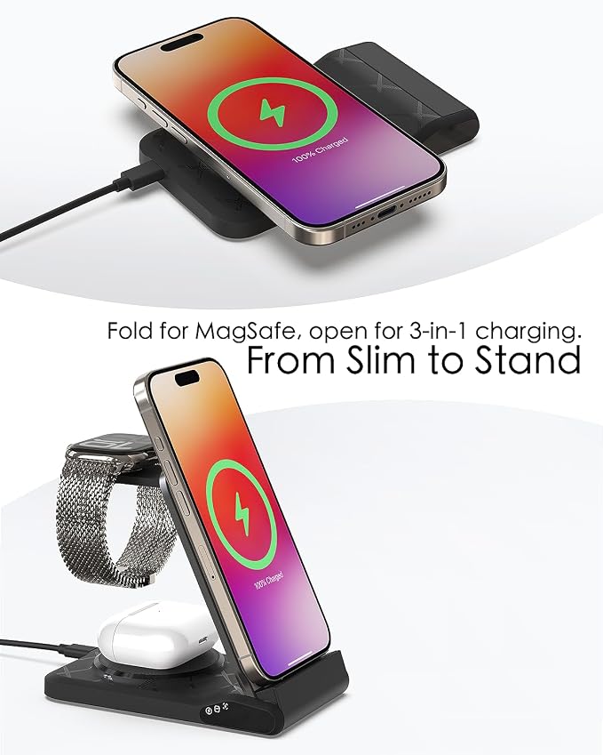 3 in 1 Charging Station for Multiple Devices,Travel Wireless Charging Station, Foldable Charger for iPhone 16/15/14/13/12/SE/11/X/8 Series,& Android Phone,& AirPods,& iWatch (Adapter Not Included)