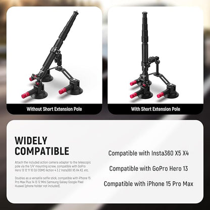 NEEWER Triple Suction Cup Car Mount Compatible with Insta360 X5 X4 GoPro DJI OSMO 360 Cameras, Quick Release Outside Windshield Magic Arm Mount Kit with 2 in 1 Extension Pole/Selfie Stick, CA065
