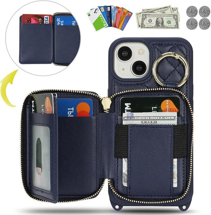 Crossbody Wallet Case for iPhone 14, PU Leather Zipper Handbag Purse Flip Cover, Kickstand Folio Case with Card Slots Holder Wrist Strap Lanyard 5G 6.1 Inch-Blue