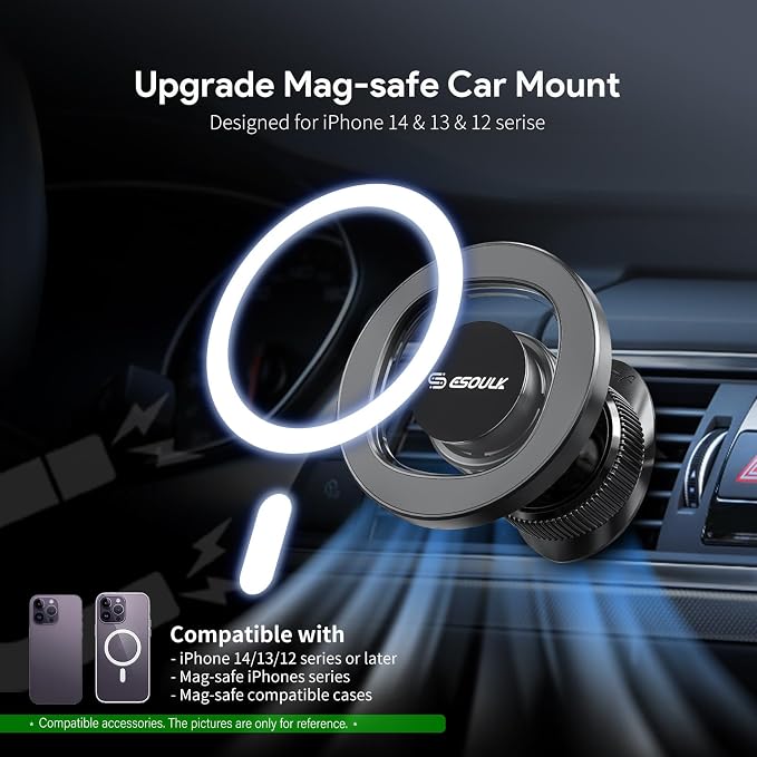 Esoulk Vent Magnetic Phone Holder, MagSafe-Compatible Phone Mount with Car Air Vent Clip, Strong Magnetic Car Mount for iPhone, Compact Car Cell Phone Holder Vent Accessories