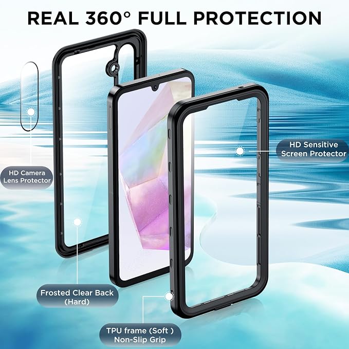 for Samsung Galaxy A35 5G Case Waterproof, [IP68 Underwater][Dropproof][Dustproof][Real 360] [Non-Slip] Heavy Duty Tough Rugged Shockproof Protective Phone Case for Galaxy A35 5G 6.6",Black