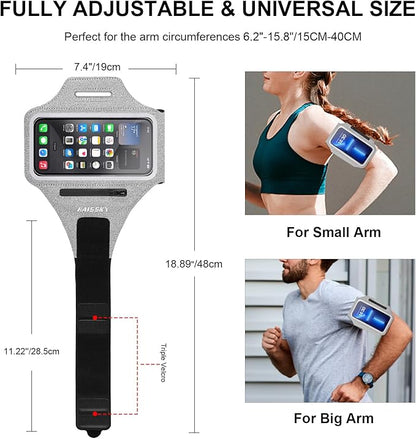 Cell Phone Running Armband with Earbuds Zipper Pocket Armband Case Running Holder for iPhone 16 Pro Max/15/14 Pro Max/13/12 /11 Pro Max/XS/XR,Galaxy S20 S10,Sweatproof Arm Band with Card/Key Bag
