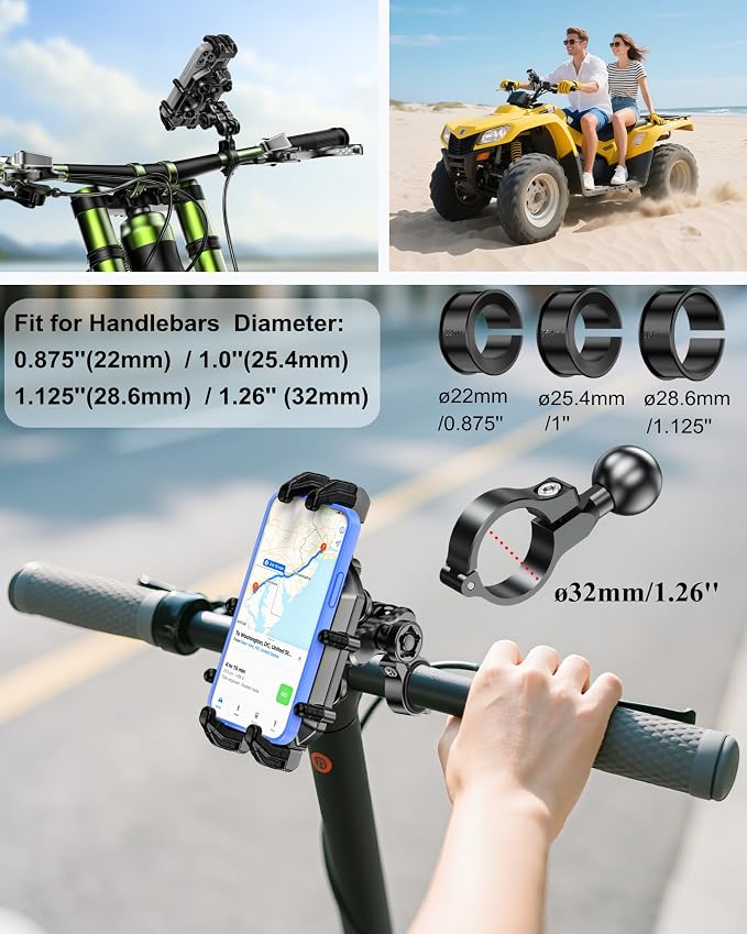 BRCOVAN Anti-Theft Motorcycle Phone Mount Holder with Vibration Dampener & Secure Lock, Adjustable Handlebar Cellphone Clamp for Bike Bicycle Scooter ATV, Fit 5.4-7.2'' Smartphone, Big Phone Friendly