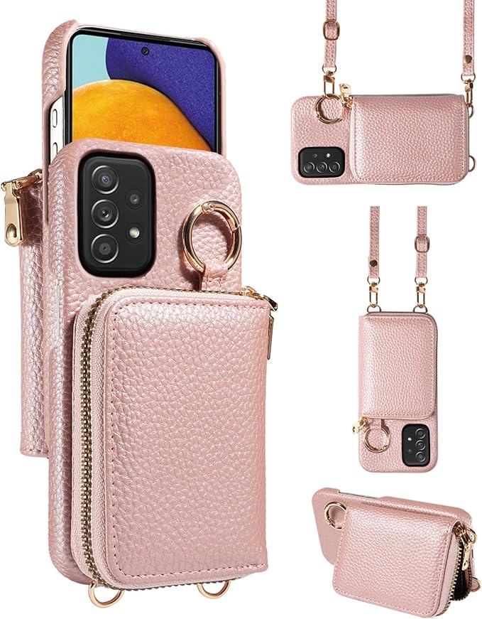 Wallet Case for Samsung Galaxy A52/A52S 5G & Shoulder Strap Ring Buckle PU Leather Zipper Organ Purse, Credit Card Holder Stand Cell Phone Cover for A 52 S 4G G5 52A S52 52S Women Men Rose Gold
