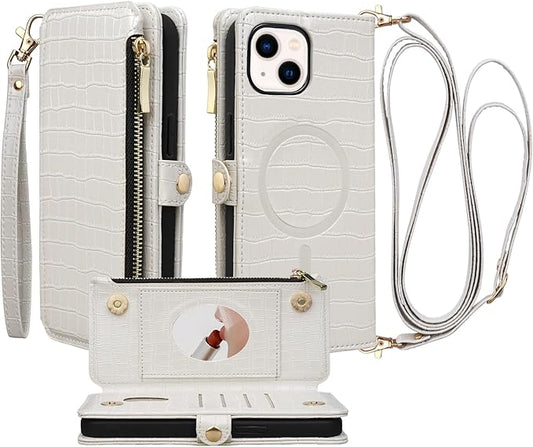 Crossbody Wallet Case for iPhone 15 Plus with Mirror, Wrist Strap, Zipper Purse Magnetic Flip RFID Blocking Card Holder, Wireless Charging, PU Leather Shockproof 6.7" Women (White)