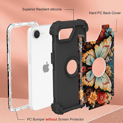 Hocase for iPhone 17e/iPhone 16e Case, Heavy Duty Shockproof Protection Hard Plastic+Silicone Rubber Hybrid Protective Phone Case for iPhone 17e/16e 6.1" - Butterfly on Flowers