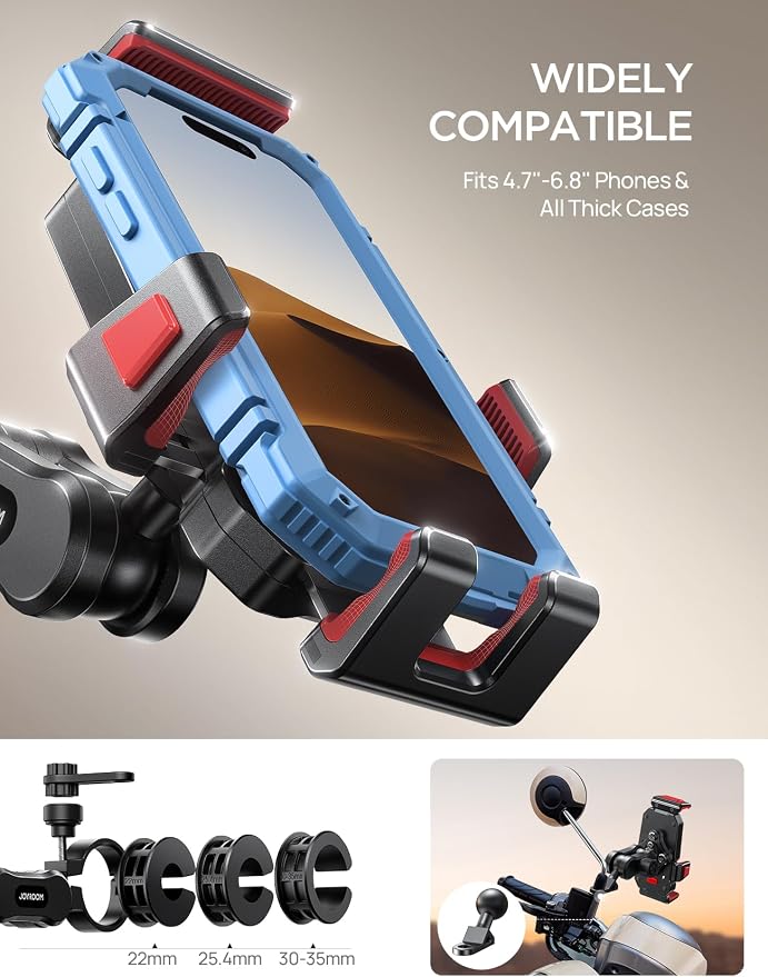 JOYROOM Aluminum Alloy Motorcycle Phone Mount with Vibration Dampener, Motorcycle Phone Holder for Harley Bike Bicycle Scooter ATV/UTV, Compatible with iPhone, Samsung, All Cell Phones