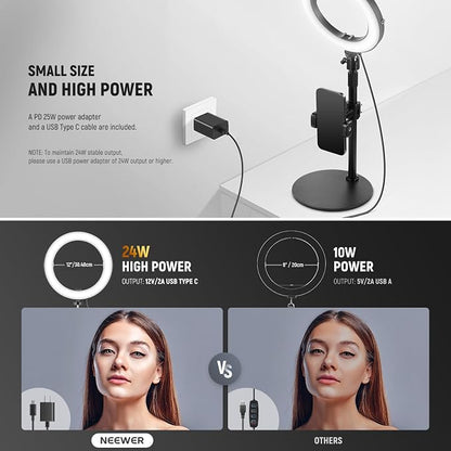 NEEWER 12" 24W High Power Desk Ring Light with Stand/Phone Holder, LED Selfie Video Conference Lighting for iPhone Streaming Makeup Vlog Recording Laptop Computer Webcam Zoom Call Podcast, RH12B
