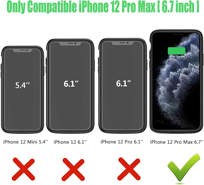 Battery Charging Case for iPhone 12 Pro Max, 12000mAh High Capacity Portable Rechargeable Battery Case Qi Wireless Charging with iPhone 12 Pro Max (6.7 inch) Extended Battery Charger Cover(Black)
