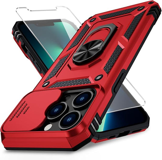 for iPhone 13 Pro Case with Camera Lens Cover, HD Screen Protector, 10 FT Military Grade Drop Protection, Magnetic Ring Holder Kickstand Protective Phone Case for iPhone 13 Pro, Red