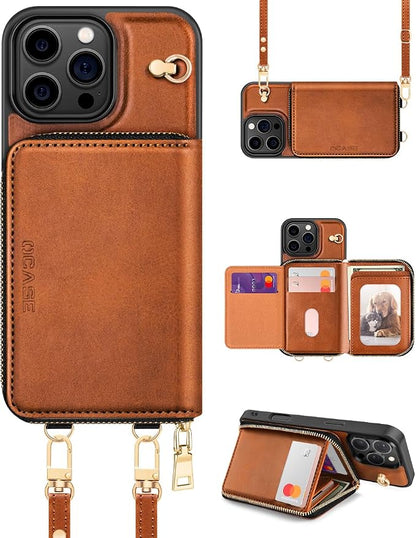 OCASE Compatible with iPhone 16 Pro Crossbody Wallet Case with Card Holder, PU Leather Zipper Handbag Phone Purse with RFID Blocking Kickstand Wrist Strap Lanyard 6.3 Inch, Brown