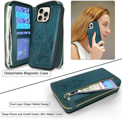Lacass for iPhone 16 Pro Max 6.9 inch 2024 Wallet Case, Crossbody Dual Zipper Detachable Magnetic Leather Wallet Case Cover Wristlets Wrist Strap 13 Card Slots Money Pocket(Floral Cyan Green)