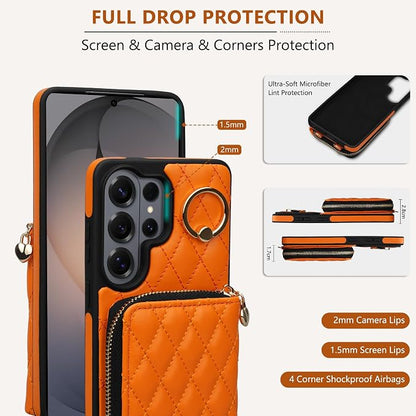 Keallce Case for Samsung Galaxy S26 Ultra 6.9'' Wallet Case,Crossbody Zipper Purse Wrist Strap Lanyard Handbag,RFID Blocking Card Slots,Flip Leather Cover for Samsung S26 Ultra,Orange