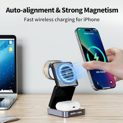 【2026 Upgraded】 Magnetic Wireless Charger 3 in 1, Foldable Charging Station with Night Light for Apple MagSafe Charger, Travel Charger Stand, Nightstand Fast 15W Charging Station (with Adapter)
