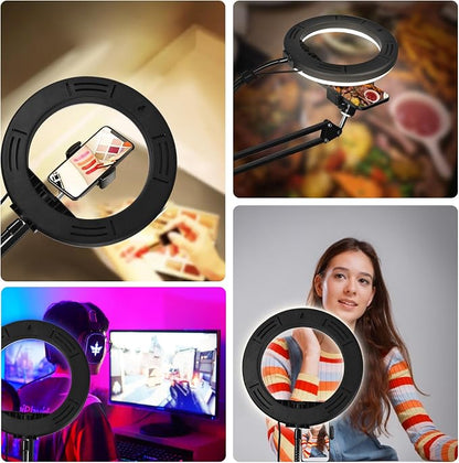 8"" RGB Ring Light with Overhead Camera Mount Overhead Phone Mount with RGB Fill Light for Articulating Arm Phone Mount for YouTube Live Stream Cooking Nail Video Recording