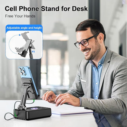 Jteman Cell Phone Stand Bluetooth Speaker with Built-in Cables,Foldable Adjustable Holder,All-in-One Audio Stand for iPhone Android,Birthday Gifts for Men Women