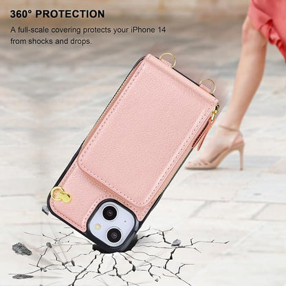 KIHUWEY Crossbody Wallet Case for iPhone 13 iPhone 14, Zipper Pocket Case with Card Holder, PU Leather RFID Protective Cover Case with Kickstand Detachable Wrist Strap Lanyard 6.1" (Rose Gold)