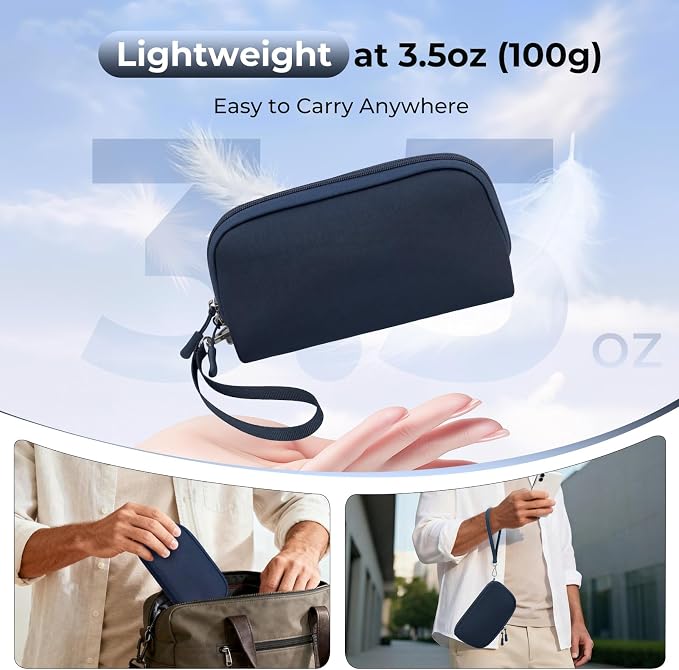 FYY Travel Cable Organizer - 8 Compartments, Lightweight, Water Repellent | With Wrist Strap, Portable Tech Pouch for Cord Charger, Travel and Business Trips Use, Soft Shell Nylon, Navy (Small)